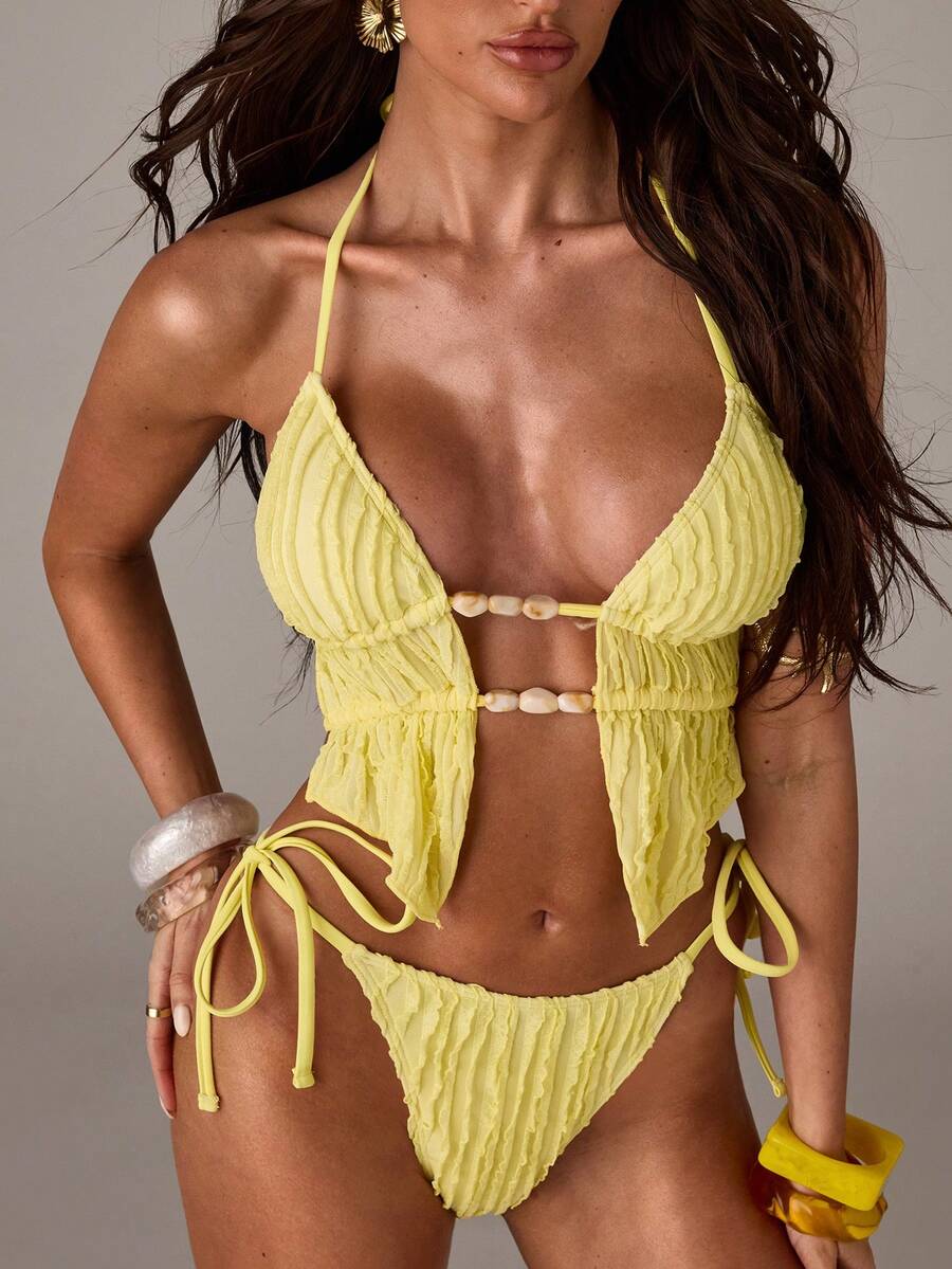 SHEIN BAE 2件套女士黄色比基尼泳衣 - 淡黃色 - 查看 1