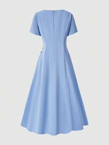 SHEIN Teen Girl Square Neck Regular Shoulder Bow Decor Long Hem Dress, Suitable For Party Or Everyday Wear, Spring/Summer/Autumn - Blue - View 12