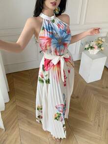 Celisse Women's Elegant Floral Print Pleated Dress, Summer - Apricot - View 4