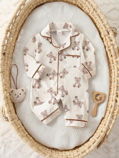 新生儿男宝宝长袖连体衣裤套装，可爱小熊数码印花，针织面料，可爱款式