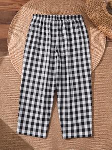Rusticease Pantalones casuales de talla grande con estampado de cuadros y cordón en la cintura, estilo campestre para vacaciones de verano/primavera para mujeres - Blanco y Negro - Ver 2