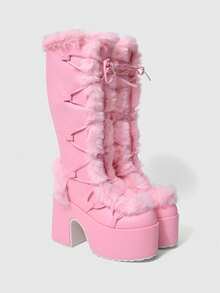 ROMWE Women's Autumn/Winter New High-Value Tall Boots, Round Toe Thick Heel Super High Heel Punk Sexy Furry Boots, Thick Sole High Heel Long Boots Valentine's Day - Pink - View 2