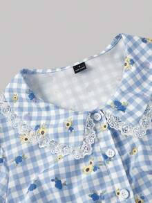 SHEIN MOD Camisa casual de mujer a cuadros de manga corta, para verano, vacaciones, estilo retro, vintage, campestre, salir, maestro, cita, picnic, fiesta, baile de graduación, uso en cumpleaños, estilo cottage, té, estilo francés - Azul y blanco - Ver 4