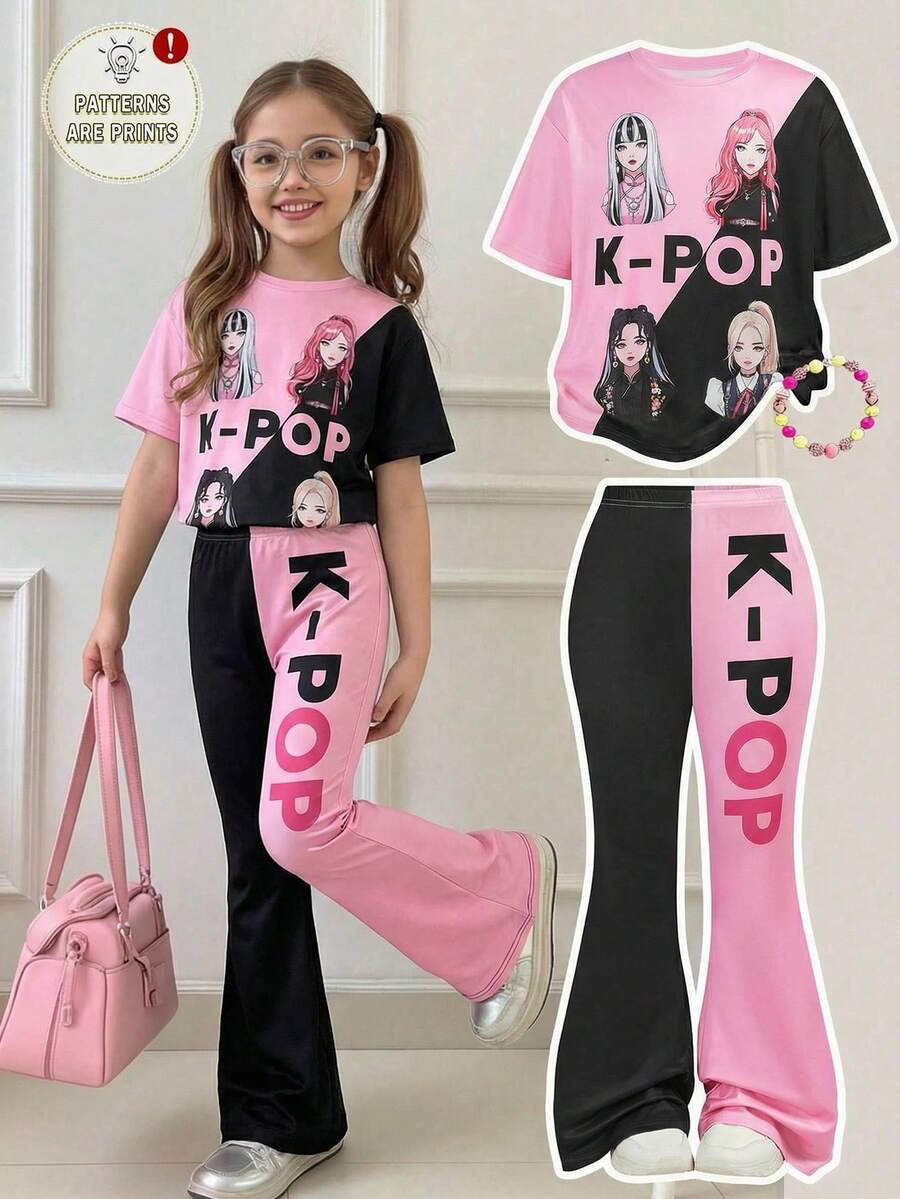 SHEIN Tween Girl Casual Cute Street T-Shirt Heart & Print With Flare Pants Set - Multicolor - View 1