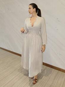 MDEdit Cotton Linen Women Long Sleeve Dress, Casual Vacation Dress, V-Neck A-Line Long Dress, Women Casual Outfit, Women Beach Wear, Women Dignified Dress, Women Autumn Dress,Fall Dresses For Women,Elegant Dresses For Women - Apricot - View 6