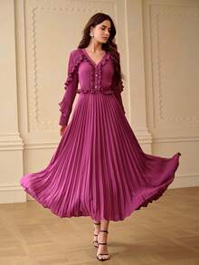 ZEYLAH V-Neck Long Sleeve Ruffle Pleated Midi Dress - Purple - View 5