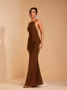 JIAN LASALA Đầm maxi ôm sát cơ thể dành cho nữ, lấp lánh, cổ yếm, buộc dây sau lưng, kiểu dáng thanh lịch, thích hợp cho tiệc tùng. - màu nâu - Xem 5