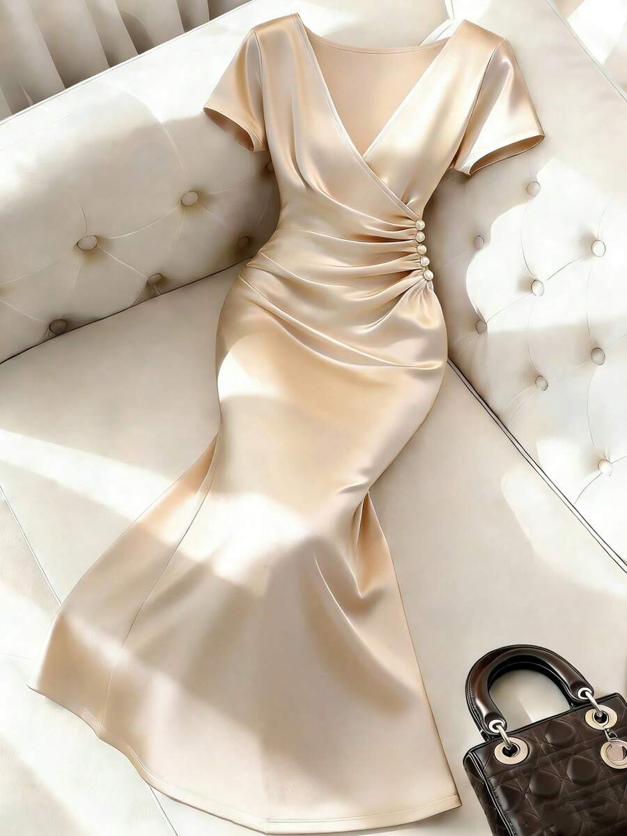 Franclia 优雅通勤交叉V领荷叶边珍珠纽扣修身连衣裙（女款）