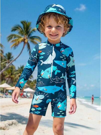 Young Boy Outdoor Beach Underwater World Print Zipper Long Sleeve Rash Guard With Sun Hat  Boys Long Sleeve Swimsuit Boys Rash Guard Set Toddler Boy Swimwear Boy Swim Sets Boys Long Sleeve Swim Trunk Toddler Boy Swim Wear Boy Swimsuit Shark Print Swimsuit