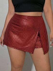 SHEIN EZwear 亮片环氧树脂不对称下摆加大码女式派对短裙，酒红色 - 酒紅色 - 查看 7