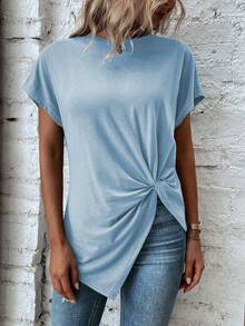 SHEIN LUNE 女士圆领蝙蝠袖扭结下摆休闲纯色T恤 - 淺藍色 - 查看 7