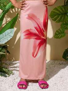 SHEIN Tween Girl Casual Vacation Tropical Print Snug Fit Mini Skirt - Pink - View 4