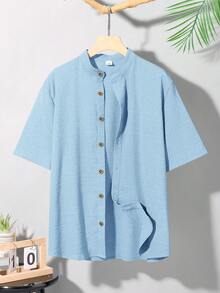 SHEIN Teen Boys' Solid Color Single-Breasted Short Sleeve Textured Casual Shirt, Comfortable And Fashionable For Summer, Suitable For Casual, School, Travel, And Beach Vacation Light Blue Shirt Short Sleeve Shirt Mandarin Collar Shirt - Baby Blue - View 3