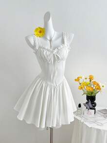 Elamini 女士蕾丝边饰打结设计褶皱腰身优雅派对迷你连衣裙 - 白色 - 查看 3