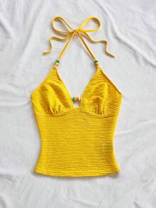 Soleia 女士纯色串珠吊带系带时尚百搭度假派对上衣 - 黃色 - 查看 4