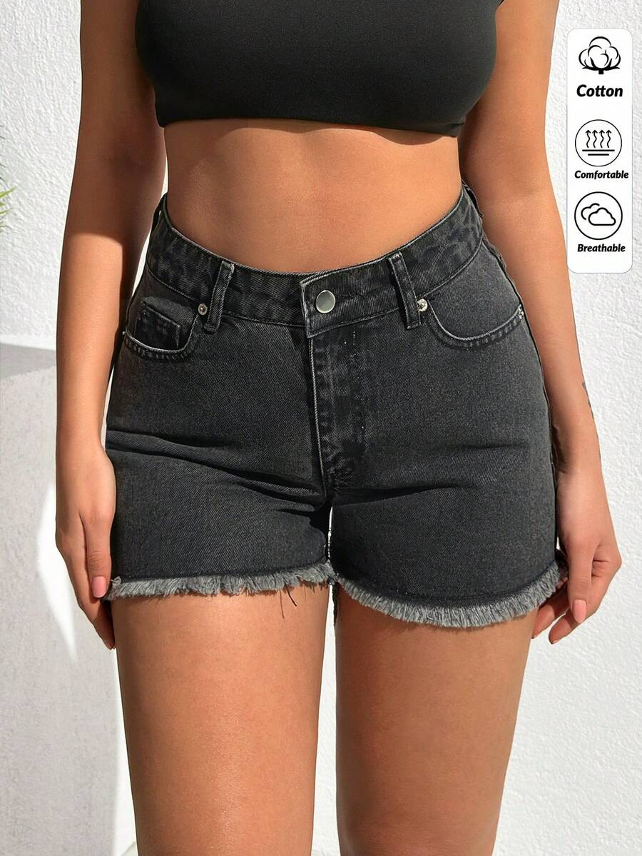 EURMUSE Shorts jeans femininos casuais para férias, uso diário, moda urbana chique e minimalista, cintura alta e barra desfiada, verão. - Lavagem Média - Ver 1