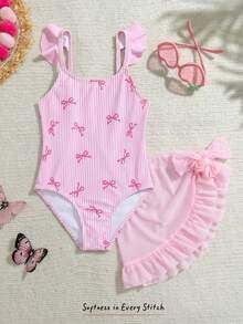 SHEIN 2pcs Young Girl Ditsy Floral Tankini Swimsuit Set,Colorful Flower Round Neck Long Sleeve Swimwear Top With Solid Pink Swim Shorts,Summer,Beach,Holiday - Pink - View 1
