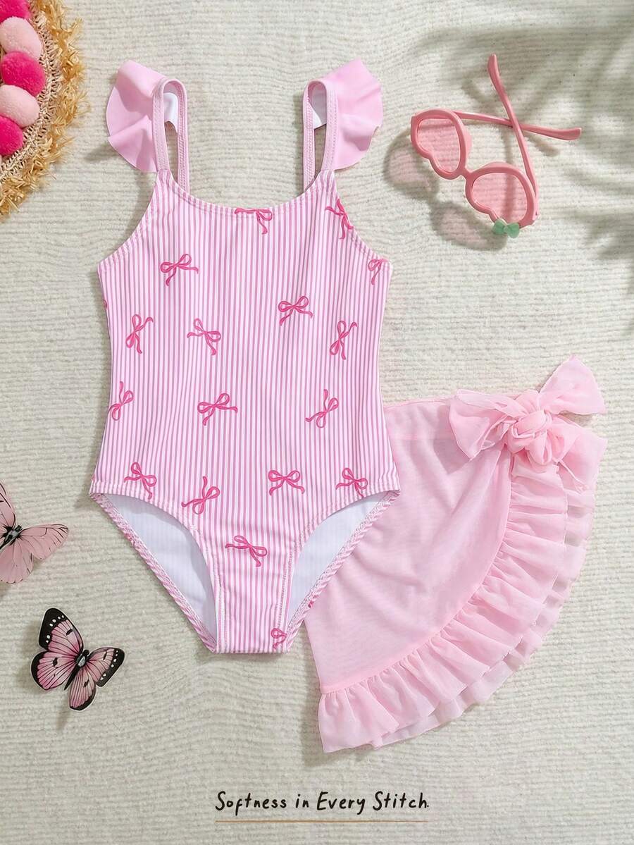 SHEIN 2pcs Young Girl Ditsy Floral Tankini Swimsuit Set,Colorful Flower Round Neck Long Sleeve Swimwear Top With Solid Pink Swim Shorts,Summer,Beach,Holiday - Pink - View 1