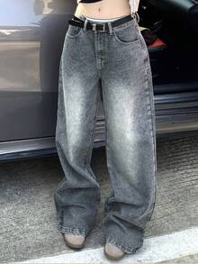 DAZY 女士口袋纽扣休闲百搭通勤宽松牛仔阔腿裤 - 藍色 - 查看 9