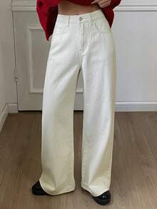 DAZY Damen Lässig einfarbige Schlagjeans, Herbst/Winter - Beige - Übersicht 4