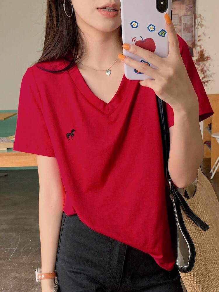 Women's V-Neck Embroidered Short Sleeve Casual T-Shirt