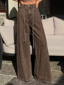 DAZY 做旧水洗腰带阔腿牛仔裤，休闲街头风牛仔女裤，春秋季 - 棕色 - 查看 7