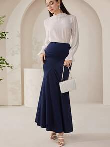 Veilorie Women's Solid Color Elegant Versatile Date/Commute Mermaid Skirt - Blue - View 2