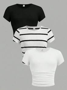 SHEIN 3件套 少女修身休闲纯色圆领褶皱短袖T恤 - 彩色 - 查看 1