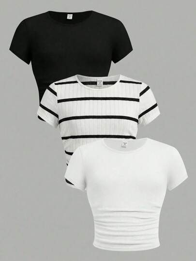 SHEIN 3件套 少女修身休闲纯色圆领褶皱短袖T恤