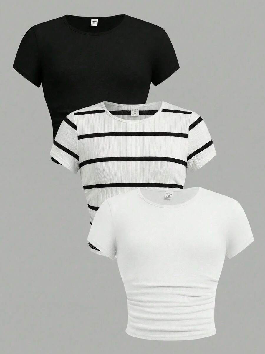 SHEIN 3件套 少女修身休闲纯色圆领褶皱短袖T恤 - 彩色 - 查看 1