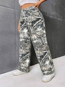 SHEIN ICON Women's Plus Size Branch Pattern Green Camo Cargo Pocket Wide Leg Loose Casual Jeans For Commute Vacation Autumn - Multicolor - View 6