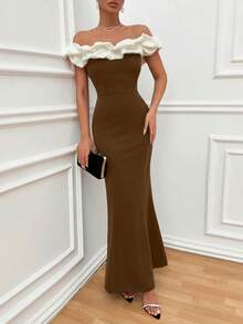 EURMUSE Vestido ajustado con hombros descubiertos y volantes en dos tonos, vestido elegante - Marrón - Ver 5