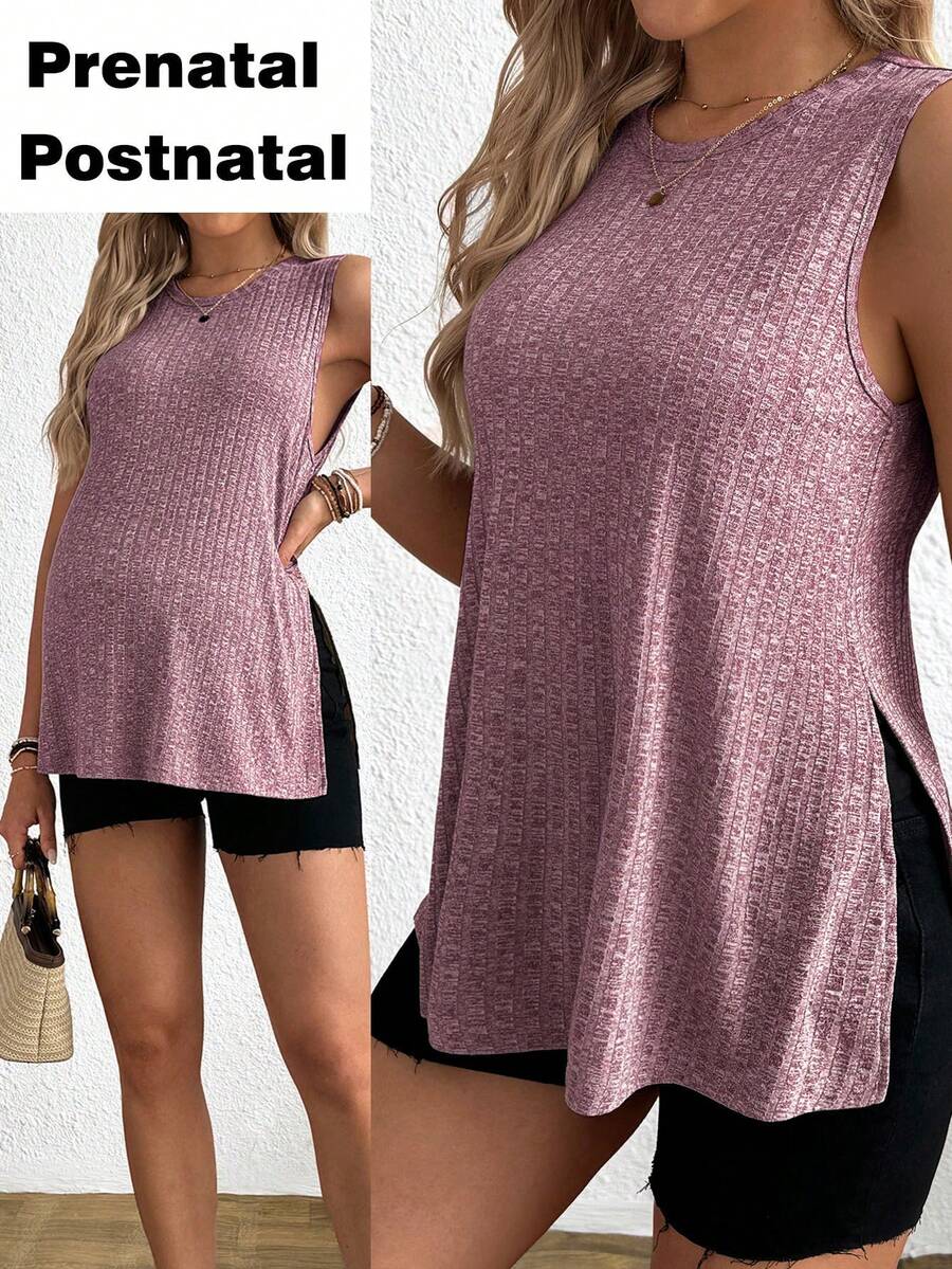 SHEIN Áo tank top 2 trong 1 dành cho bà bầu, màu trơn, cổ tròn, xẻ tà bên hông, chất liệu gân, phù hợp cho cả trước và sau sinh. - Đỏ - Xem 1