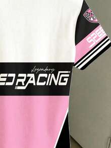 American Retro Street Racing Inspired Color Block Graphic Print Chic Vintage Ballerina Tween Girls Casual Short Sleeve Top, Versatile, Suitable For All Seasons - Multicolor - View 5