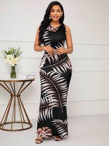 SHEIN Lady Women's Tropical Plant Print Round Neck Sleeveless Mermaid Hem Fitted Dress, Vacation - Multicolor - View 4