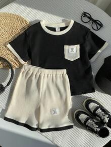 SHEIN 2 Peças Conjunto de Camiseta de Manga Curta com Gola Redonda e Barra Canelada e Shorts Tricotados, Texturizados, com Bolso, Estilo Casual Jovem - Multicolorido - Visão 3