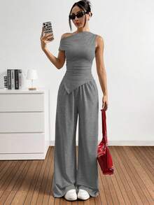 SHEIN EZwear Bộ đồ nữ màu trơn gồm áo và quần ống rộng có túi, kiểu dáng thường ngày, thích hợp cho kỳ nghỉ. - Màu xám đen - Xem 5