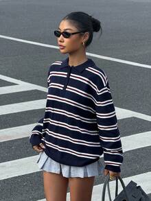 Muchica Women's Casual Everyday Striped Polo Collared Long Sleeve Sweater,Back To School ,Fall / Winter Clothes For Women,Blockette Style