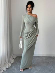 SHEIN Raffinéa 女士优雅浪漫绿色不对称肩部褶皱装饰腰部修身长袖连衣裙，秋冬款 - 薄荷綠 - 查看 7