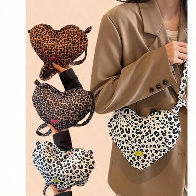 Joivida 1 Pc Minimalist Leopard Print Crossbody Bag Women Cute Spot Heart Shaped Soft Shoulder Bag For Valentine's Day New Year Back School(Brown / Beige / White)