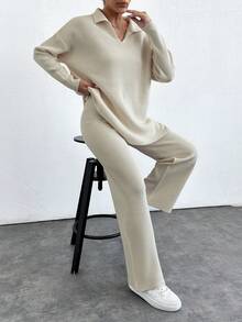 EURMUSE 2pcs/Set Solid Color Turn-Down Collar Sweater And Long Pants Outfit - Beige - View 6