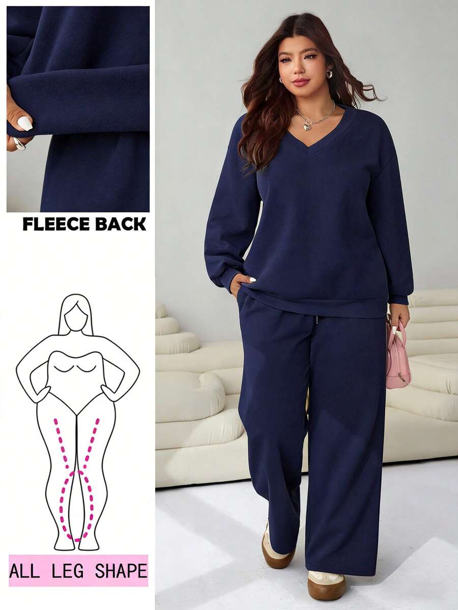 Solflare 女士加大码纯色V领长袖上衣和口袋阔腿裤休闲两件套 - 藏蓝色 - 查看 1