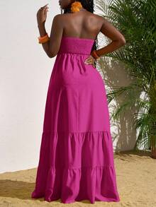Slaydiva Women's Solid Color Ruffle Trim Off-Shoulder Maxi Dress, Vacation Wrap Around Dresses For Ladies Talk Zanzea Women Wow Dresses,Summer - Red Violet - View 3