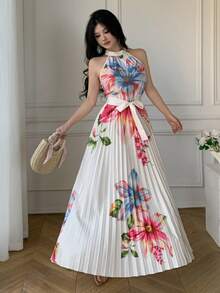 Celisse Women's Elegant Floral Print Pleated Dress, Summer - Apricot - View 3