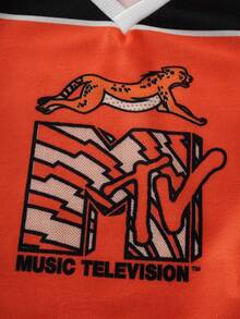 MTV | SHEIN 2pcs/Set Young Boy Colorblock V-Neck Animal Print Short Sleeve T-Shirt And Shorts Set - Orange - View 4
