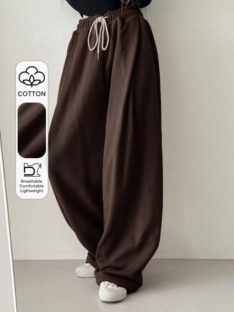 DAZY 女士宽松弹力腰抽绳街头风运动裤，休闲运动，四季皆宜 - 鏽棕色 - 查看 1