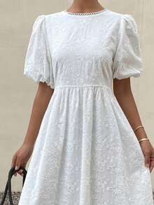 Livesso 春季蕾丝伴娘婚礼宾客白色棉质拼接花瓣袖系带露背中长连衣裙 - 白色 - 查看 7