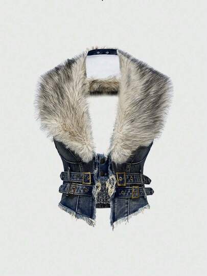 Hippie جاكيت جينز للنساء مع طوق فرو اصطناعي قابل للإزالة