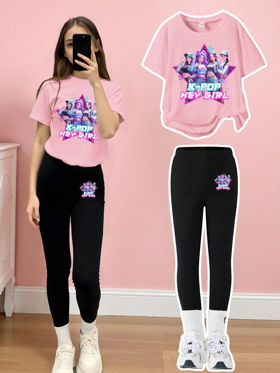 2pcs/Set KPOP Graphic Print Top, Tween Girl Crew Neck Sweatshirt And Leggings Set, Fashionable Casual, Suitable For Autumn/Winte - Multicolor - View 1