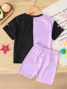 SHEIN Young Girl Summer New Pattern Loose Short Sleeve T-Shirt And Bike Shorts Set,Casual Cartoon Knit Outfit,Sporty Fashion Holiday Everyday Clothes - Multicolor - View 2